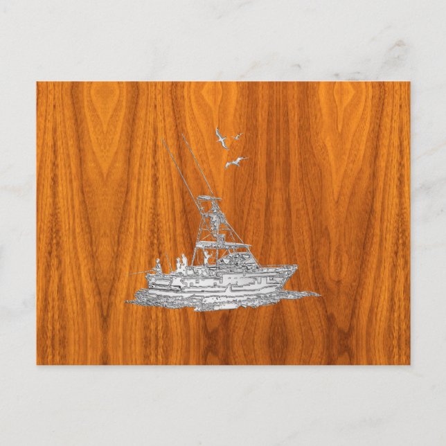 Chrome Like Fishing Boat on Teak Wood Postcard (Front)