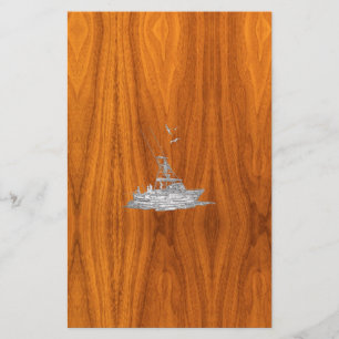 Chrome Like Fishing Boat on Teak Wood Stationery