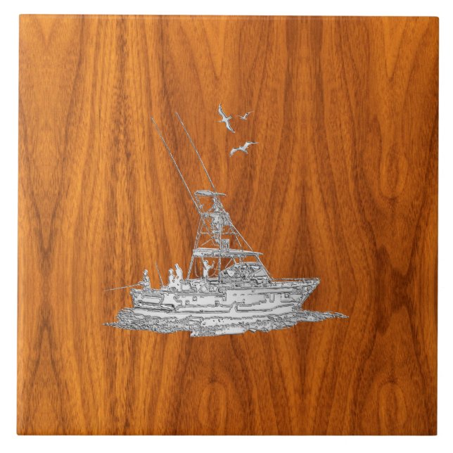 Chrome Like Fishing Boat on Teak Wood Tile (Front)