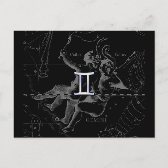 Chrome like Gemini Zodiac Sign on Hevelius 1690 Postcard (Front)