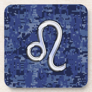 Chrome Like Leo Sign on Navy Blue Digital Camo Coaster