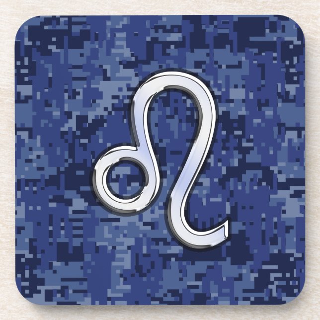 Chrome Like Leo Sign on Navy Blue Digital Camo Coaster (Front)