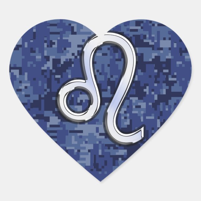 Chrome Like Leo Sign on Navy Blue Digital Camo Heart Sticker (Front)