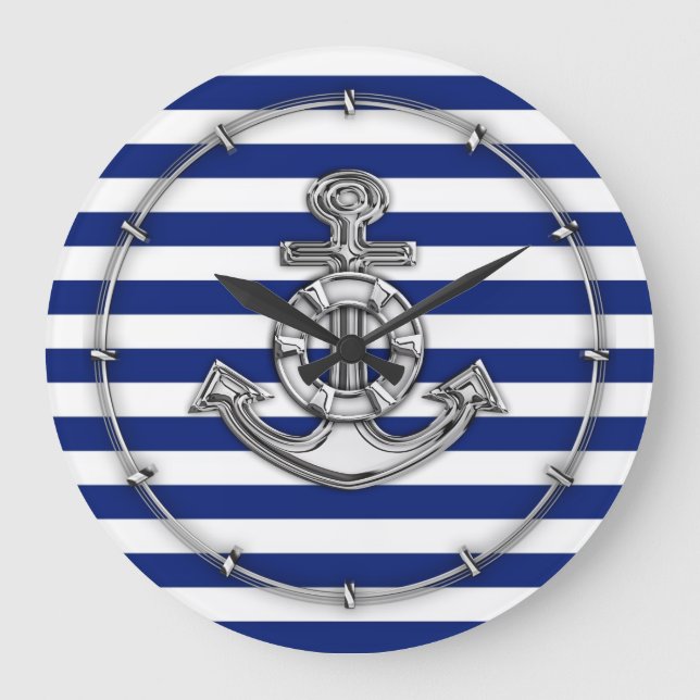 Chrome Like Lifesaver on Navy Stripes Large Clock (Front)