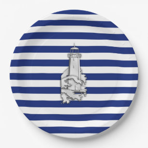 Chrome Like Lighthouse on Nautical Stripes Paper Plate
