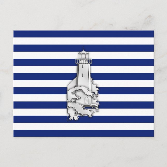 Chrome Like Lighthouse on Nautical Stripes Postcard (Front)