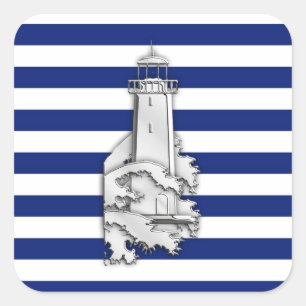 Chrome Like Lighthouse on Nautical Stripes Square Sticker