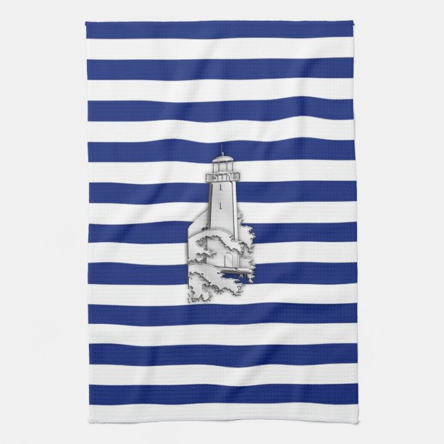 Chrome Like Lighthouse on Nautical Stripes Tea Towel (Vertical)