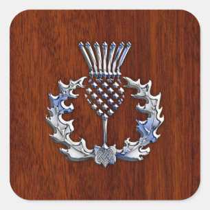 Chrome Like Mahogany Wood Grain Scottish Thistle Square Sticker