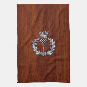 Chrome Like Mahogany Wood Grain Scottish Thistle Tea Towel
