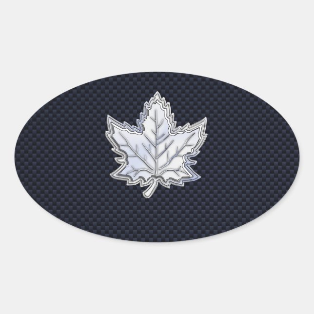 Chrome Like Maple Leaf Carbon Fibre Print Oval Sticker (Front)