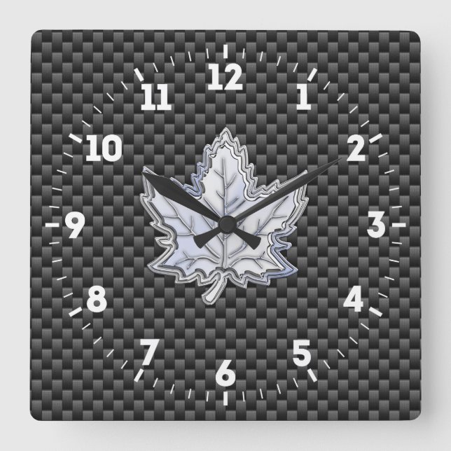 Chrome Like Maple Leaf on Carbon Fiber black on a Square Wall Clock (Front)