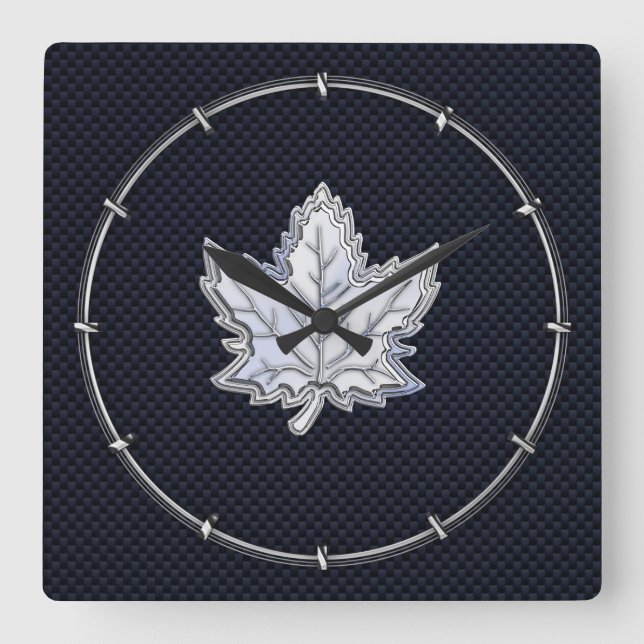 Chrome Like Maple Leaf on Carbon Fiber black Square Wall Clock (Front)