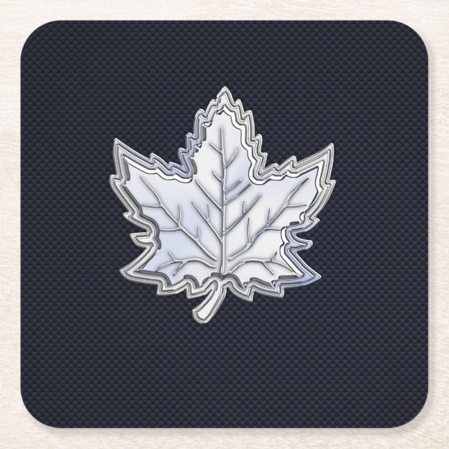 Chrome Like Maple Leaf on Carbon Fiber Print Square Paper Coaster (Front)