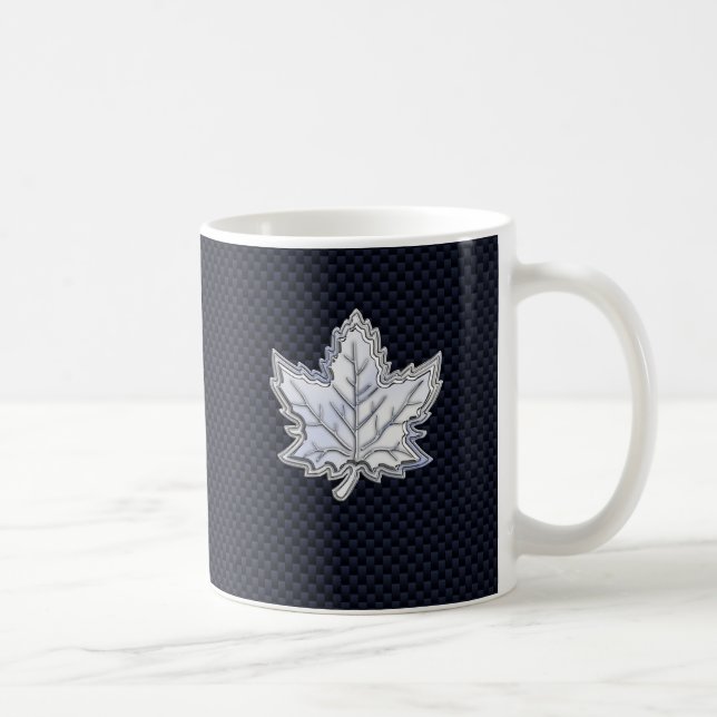 Chrome Like Maple Leaf on Carbon Fibre black Coffee Mug (Right)