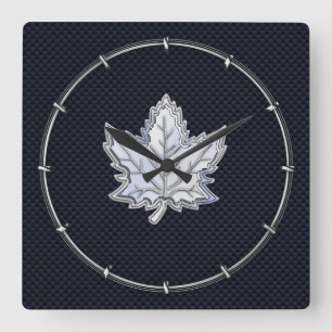 Chrome Like Maple Leaf on Carbon Fibre black Square Wall Clock