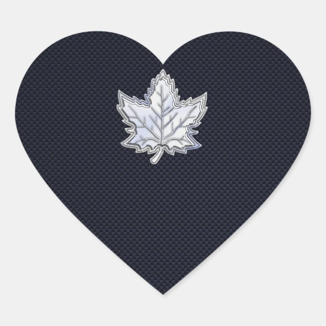 Chrome Like Maple Leaf on Carbon Fibre Print Heart Sticker (Front)