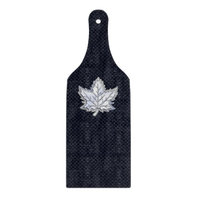 Chrome Like Maple Leaf on Carbon Fibre style Cutting Board (Front)