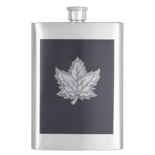 Chrome Like Maple Leaf on Carbon Fibre style Hip Flask