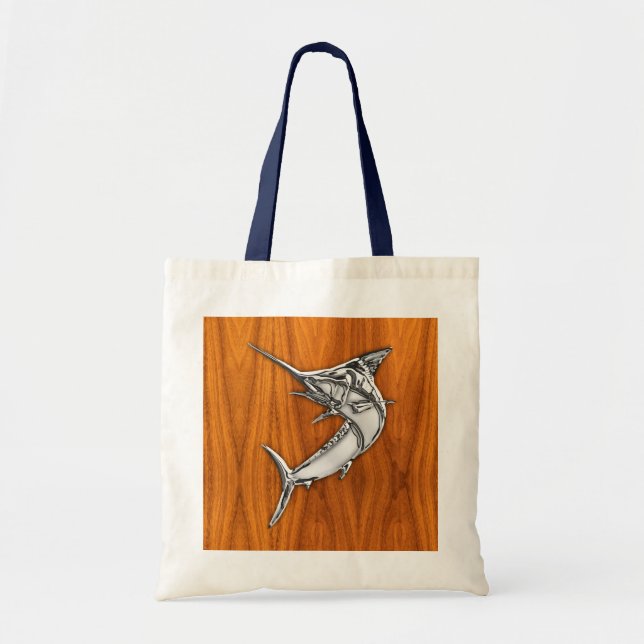 Chrome Like Marlin on Teak Wood Grain Decor Tote Bag (Front)