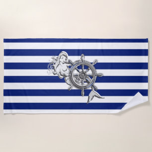 Chrome Like Mermaid on Nautical Stripes Beach Towel