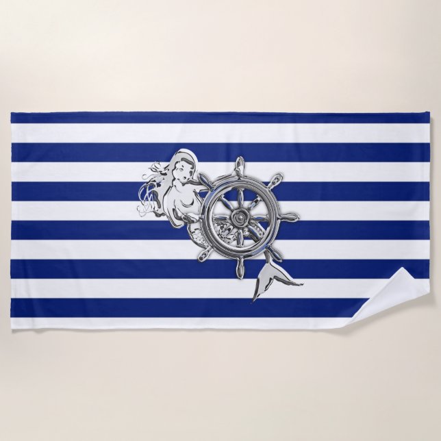 Chrome Like Mermaid on Nautical Stripes Beach Towel (Front)