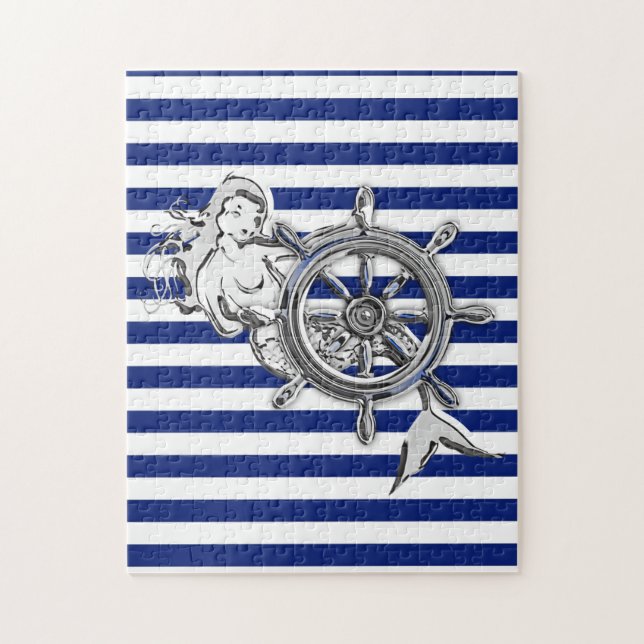 Chrome Like Mermaid on Nautical Stripes Jigsaw Puzzle (Vertical)