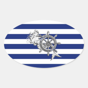Chrome Like Mermaid on Nautical Stripes Oval Sticker