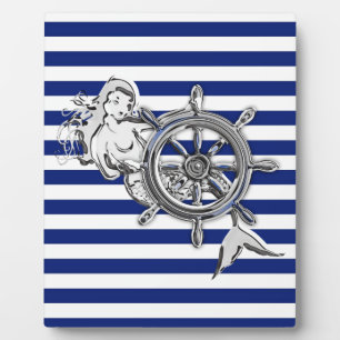 Chrome Like Mermaid on Nautical Stripes Plaque