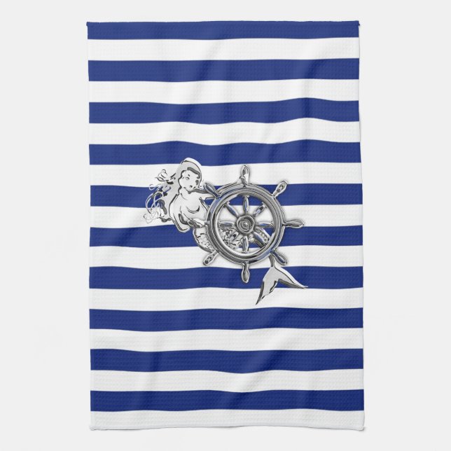 Chrome Like Mermaid on Nautical Stripes Tea Towel (Vertical)