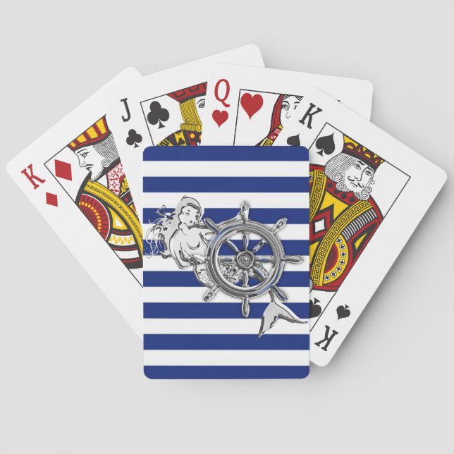 Chrome Like Mermaid on Navy Stripes Playing Cards (Back)
