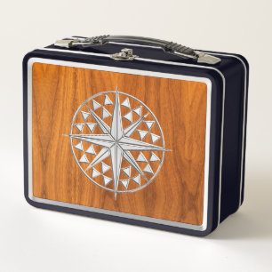 Chrome Like Nautical Compass on Teak Veneer Decor Metal Lunch Box