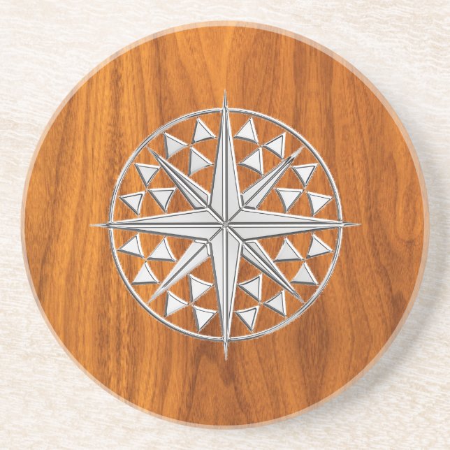 Chrome Like Nautical Compass Star on Teak Veneer Coaster (Front)