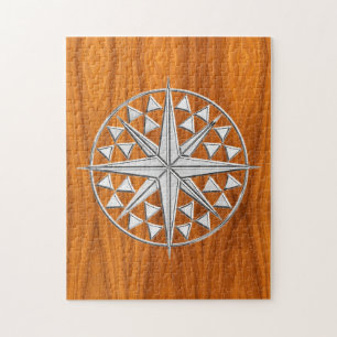 Chrome Like Nautical Compass Star on Teak Veneer Jigsaw Puzzle