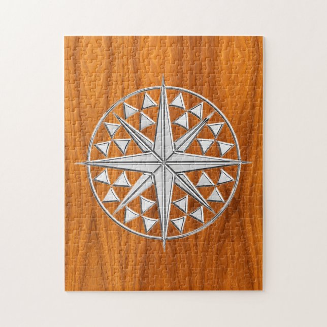 Chrome Like Nautical Compass Star on Teak Veneer Jigsaw Puzzle (Vertical)
