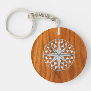 Chrome Like Nautical Compass Star on Teak Veneer Key Ring