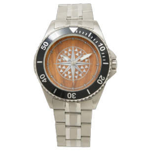 Chrome Like Nautical Compass Star on Teak Veneer Watch