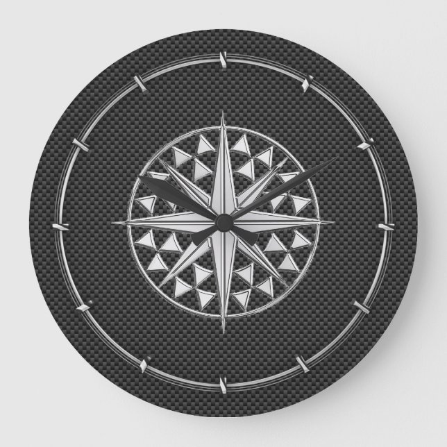 Chrome Like Nautical Star Compass on Carbon Fiber Large Clock (Front)