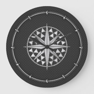 Chrome Like Nautical Star Compass on Carbon Fibre Large Clock