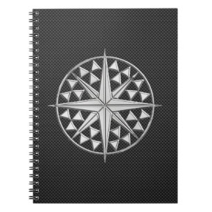 Chrome Like Nautical Star Compass on Carbon Fibre Notebook