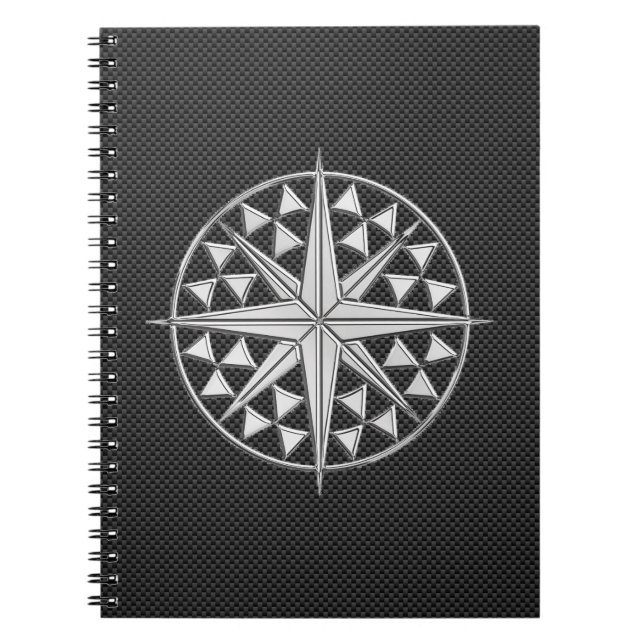 Chrome Like Nautical Star Compass on Carbon Fibre Notebook (Front)