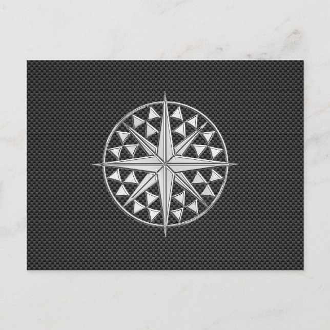 Chrome Like Nautical Star Compass on Carbon Fibre Postcard (Front)