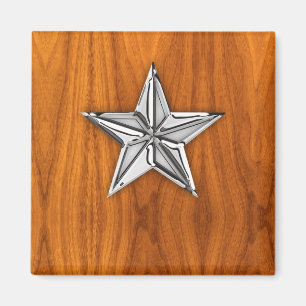 Chrome Like Nautical Star on Teak Veneer Magnet