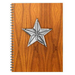 Chrome Like Nautical Star on Teak Veneer Notebook