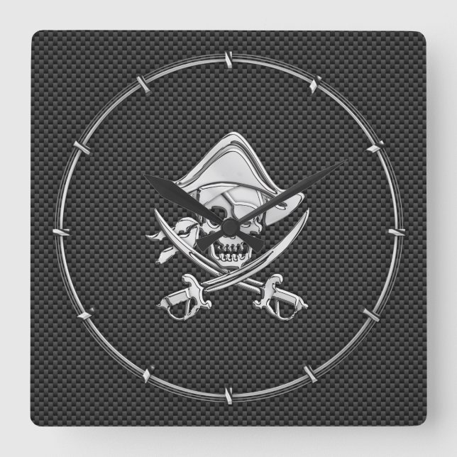 Chrome Like Pirate on Black Carbon Fibre Square Wall Clock (Front)