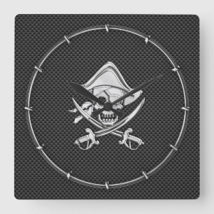 Chrome Like Pirate on Black Carbon Fibre Square Wall Clock