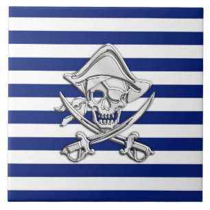Chrome Like Pirate on Navy Stripes Ceramic Tile