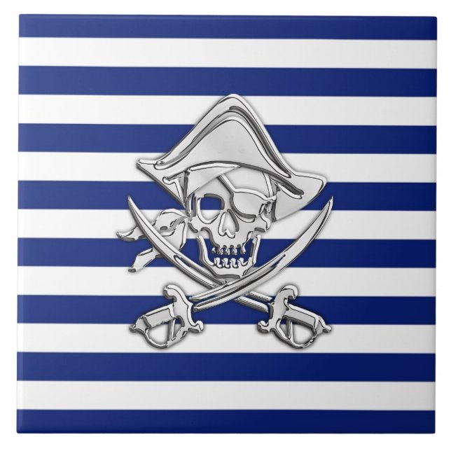 Chrome Like Pirate on Navy Stripes Ceramic Tile (Front)