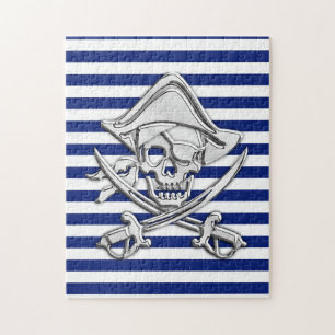 Chrome Like Pirate on Navy Stripes Jigsaw Puzzle