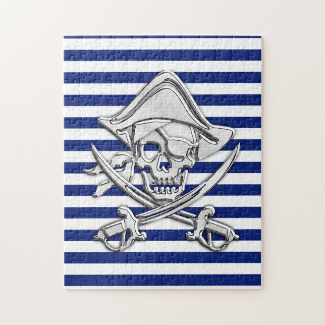 Chrome Like Pirate on Navy Stripes Jigsaw Puzzle (Vertical)